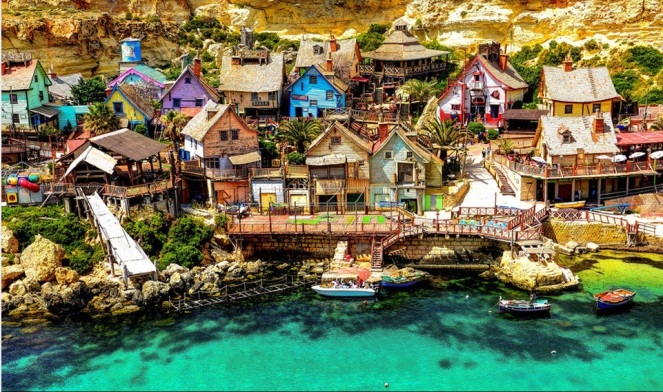 Popeye Village, is a group of rustic and ramshackle wooden buildings located at Anchor Bay in the north-west corner of the Mediterranean island of Malta.